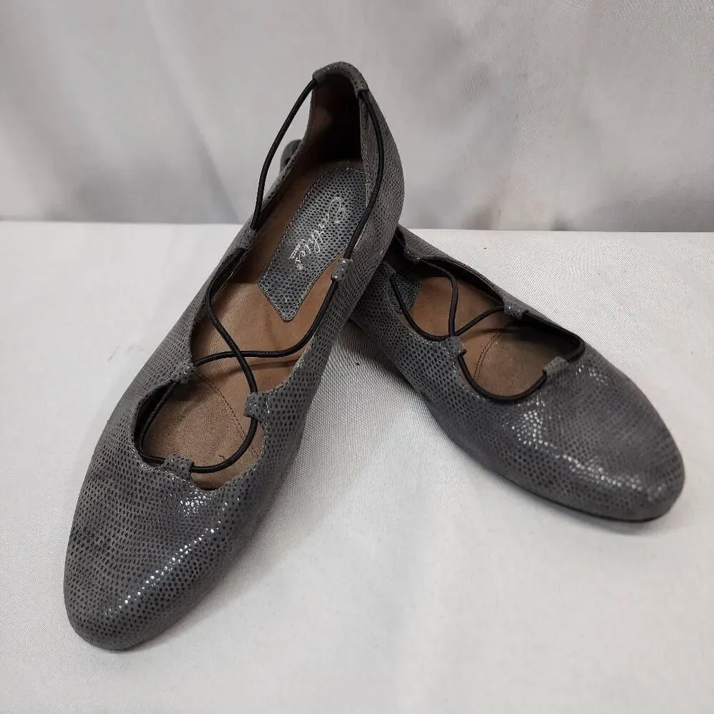 Earthies Essen Ballet Flats 12 B Cages Elastic Strap Grey Printed Suede Comfy